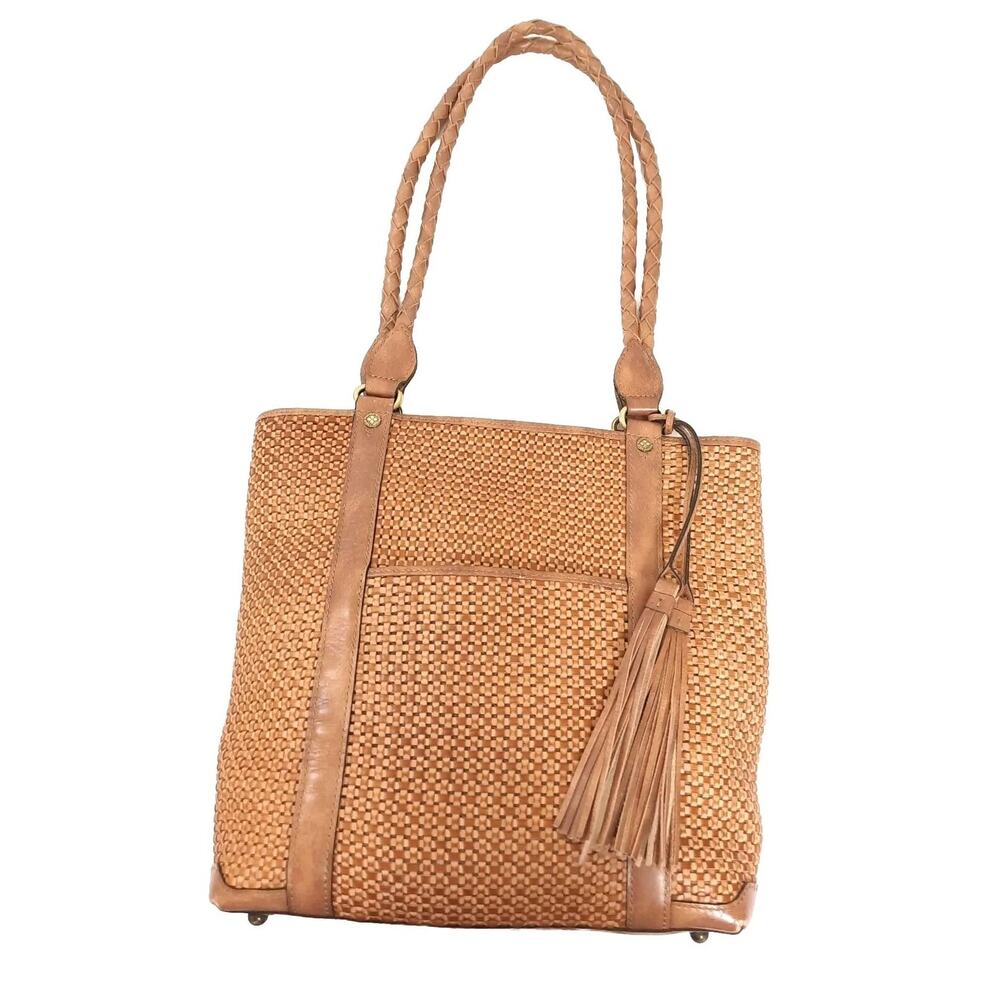 Patricia Nash Rena Woven Leather Tan Brown Tote Shoulder Bag Purse Zip Top